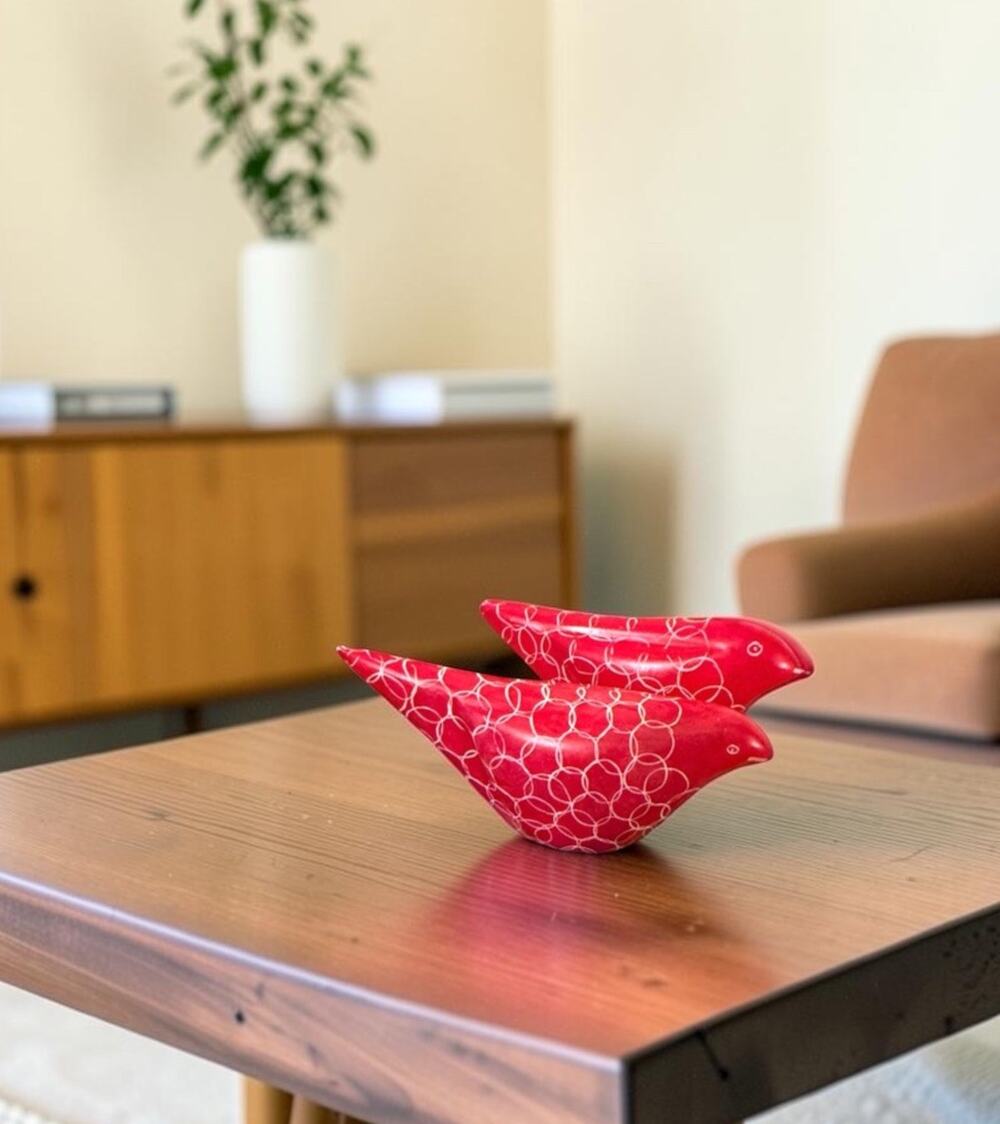 Vintage Soapstone Birds SET Of 2 Red White Swirl 4045/67